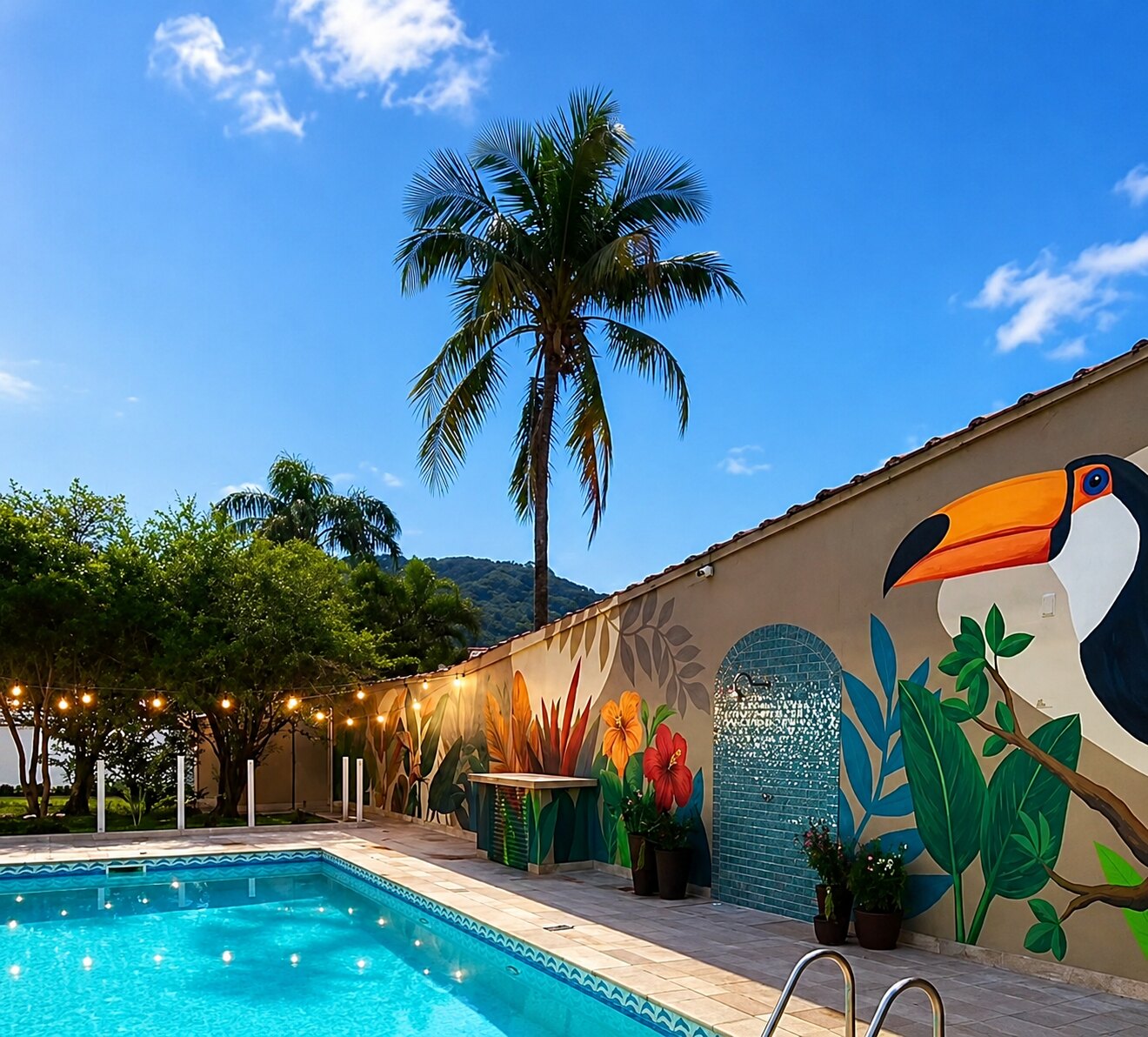 A piscina da Casa 2 em dia de céu azul, com o varal de luzes, a palmeira, o mural do tucano no muro e a serra ao fundo.