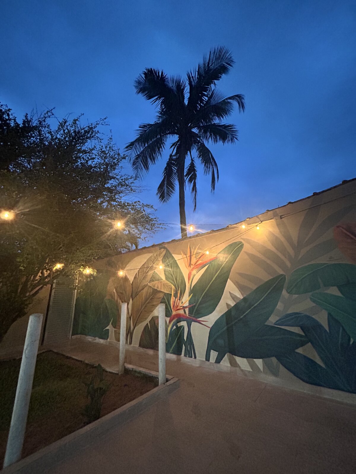 Palmeira recortada contra o céu azul do fim de tarde, com as luzes acesas e o mural ao lado.