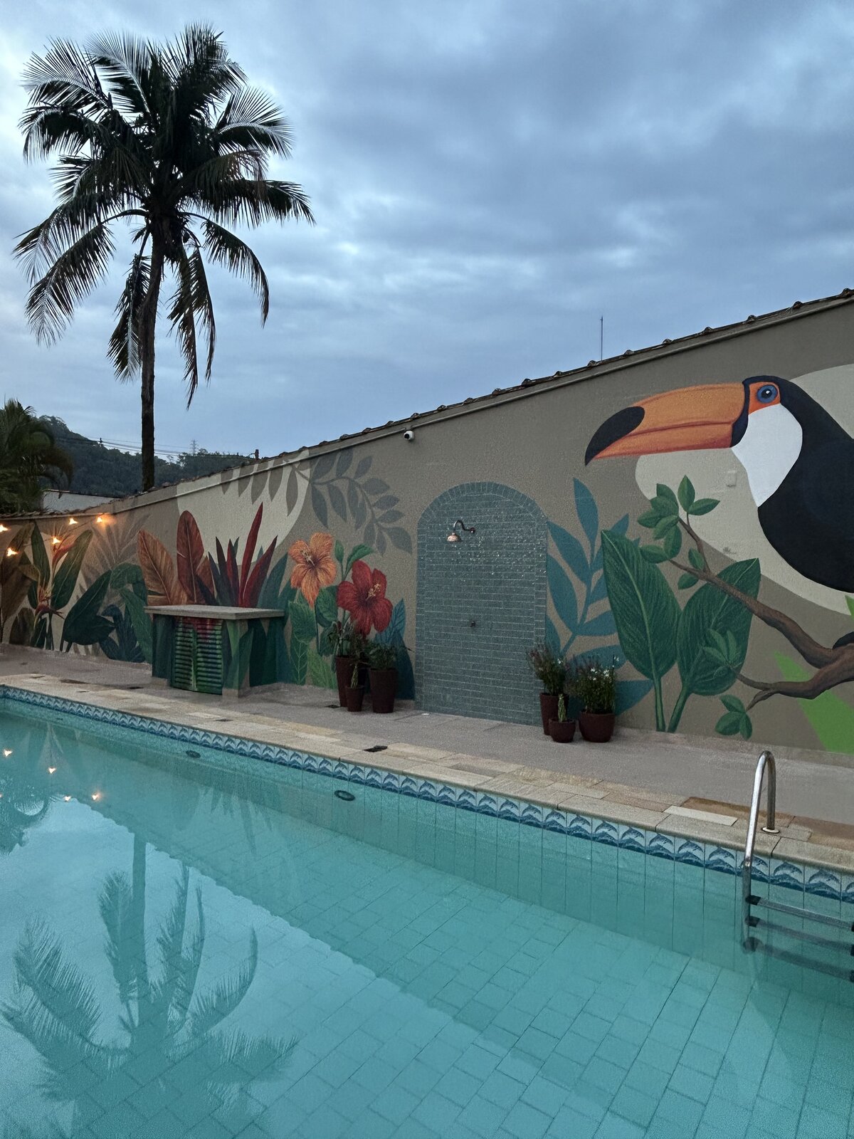O tucano do mural e a piscina da Casa 2 sob um céu de nuvens, com as palmeiras ao fundo.